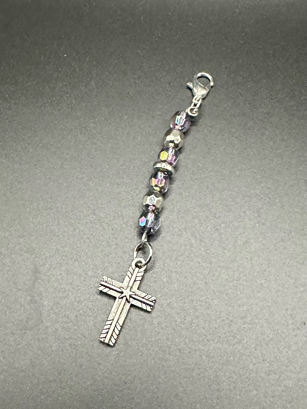 Zipper Pull Silver Cross Charm Pendant with Iridescent Beads
